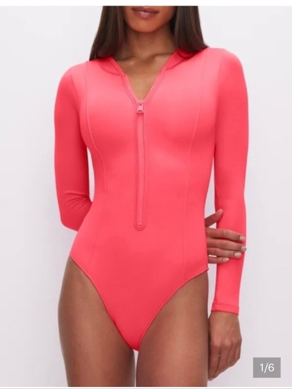 Good American Long Sleeve One-Piece Swimsuit in Vibrant Coral Neon Pink M NWT